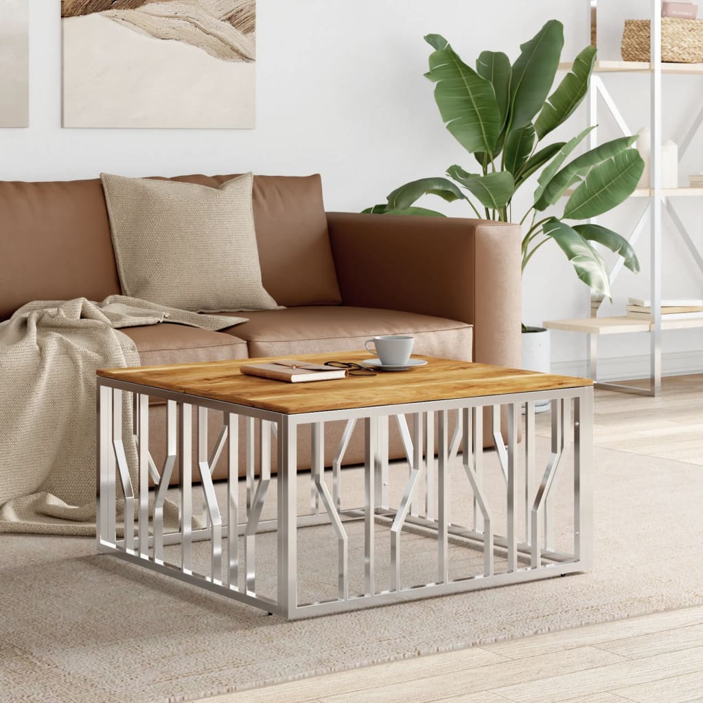 Table basse argenté acier inoxydable et bois massif d'acacia