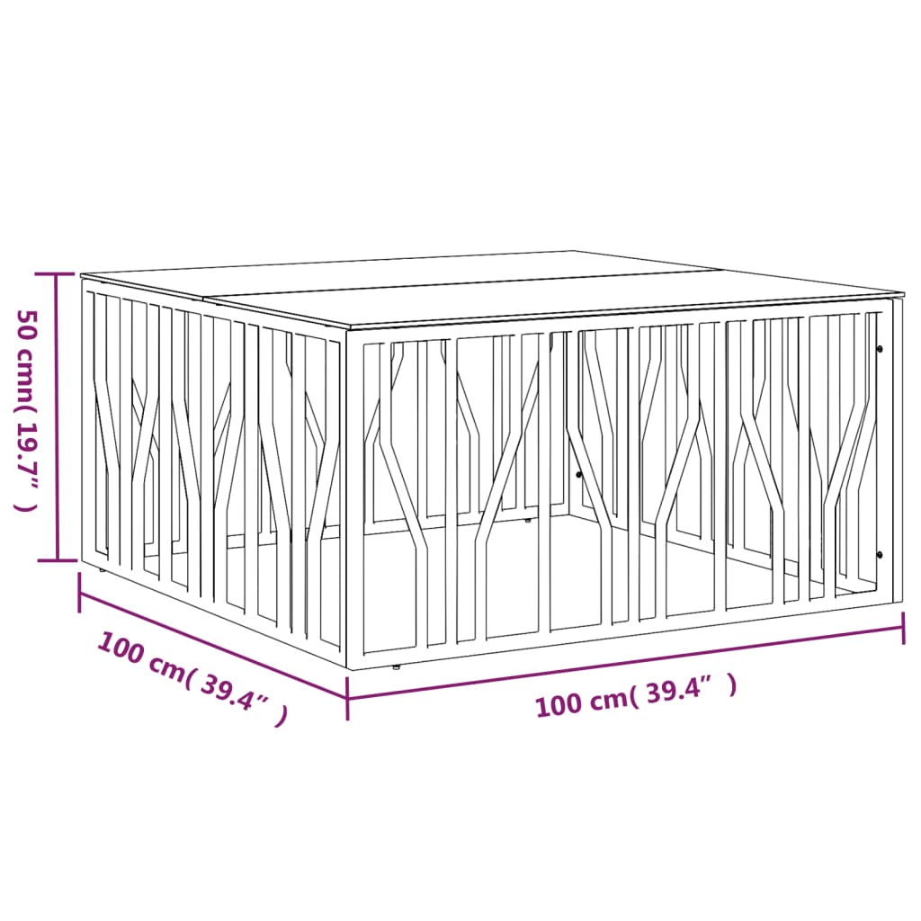 Table basse argenté 100x100x50 cm acier inoxydable et verre