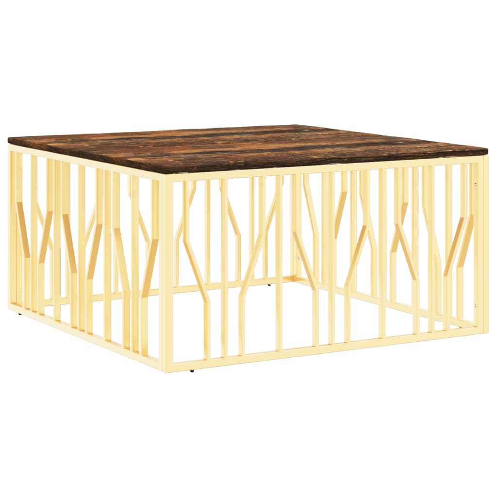 Table basse doré acier inoxydable et bois massif récupération