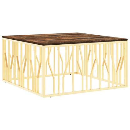 Table basse doré acier inoxydable et bois massif récupération