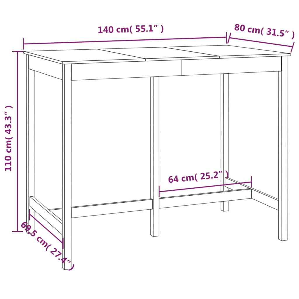 Table de bar 140x80x110 cm Bois massif de pin