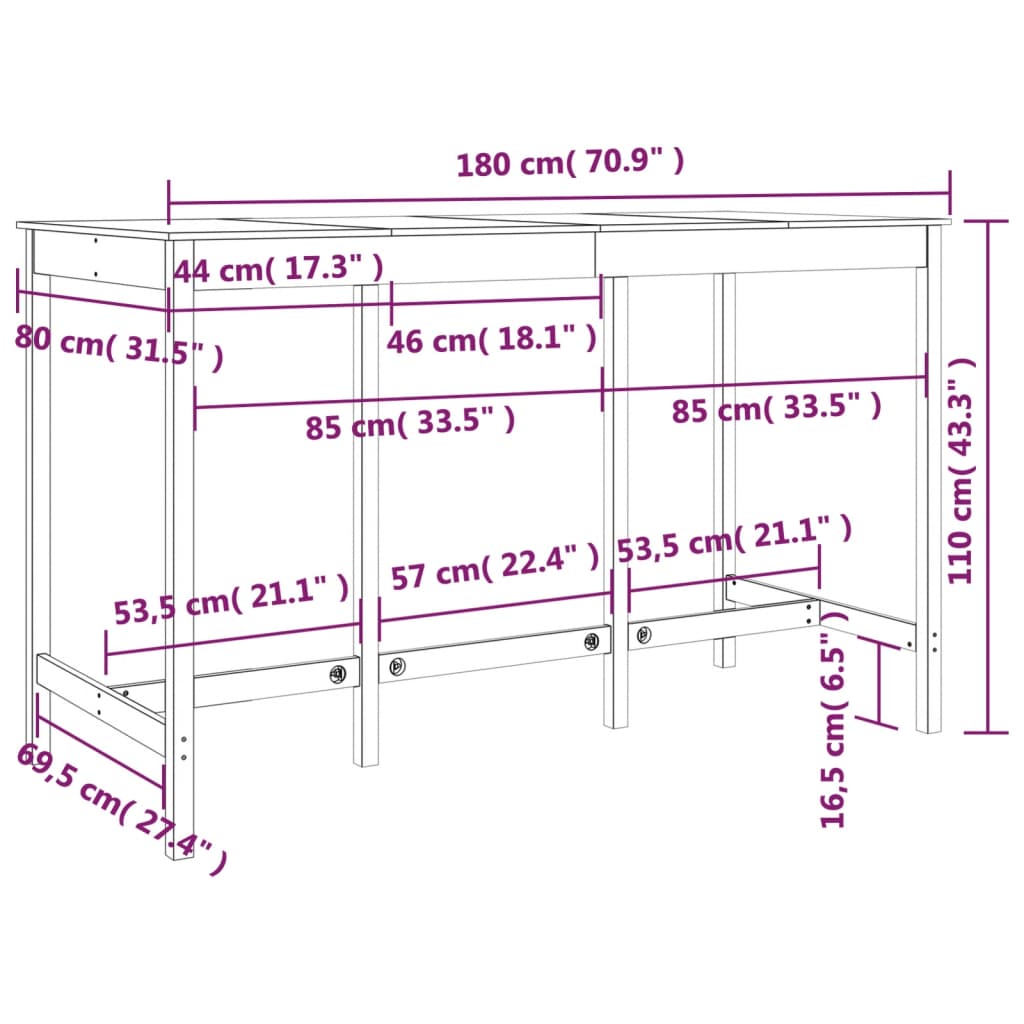 Table de bar 180x80x110 cm Bois massif de pin