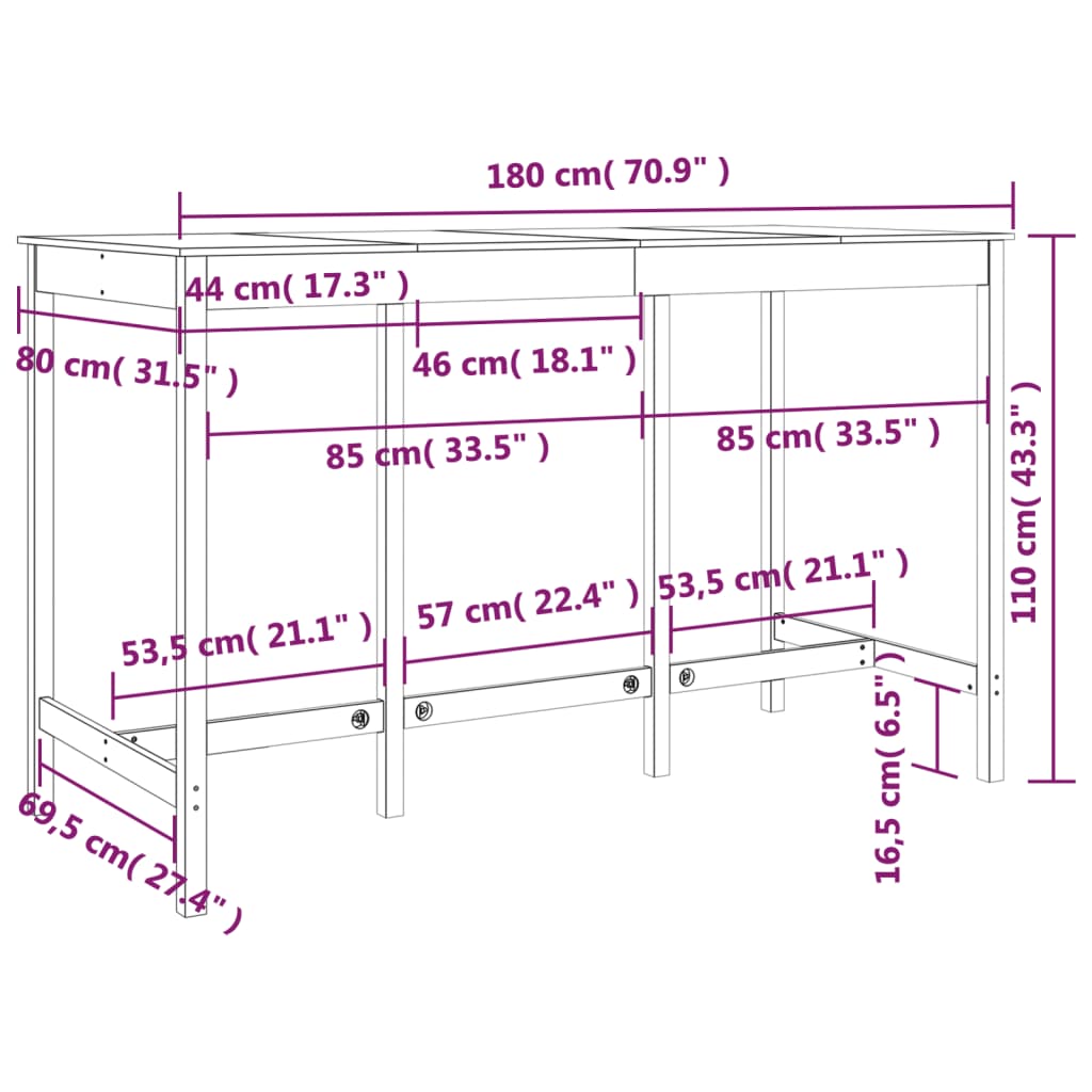 Table de bar Blanc 180x80x110 cm Bois massif de pin