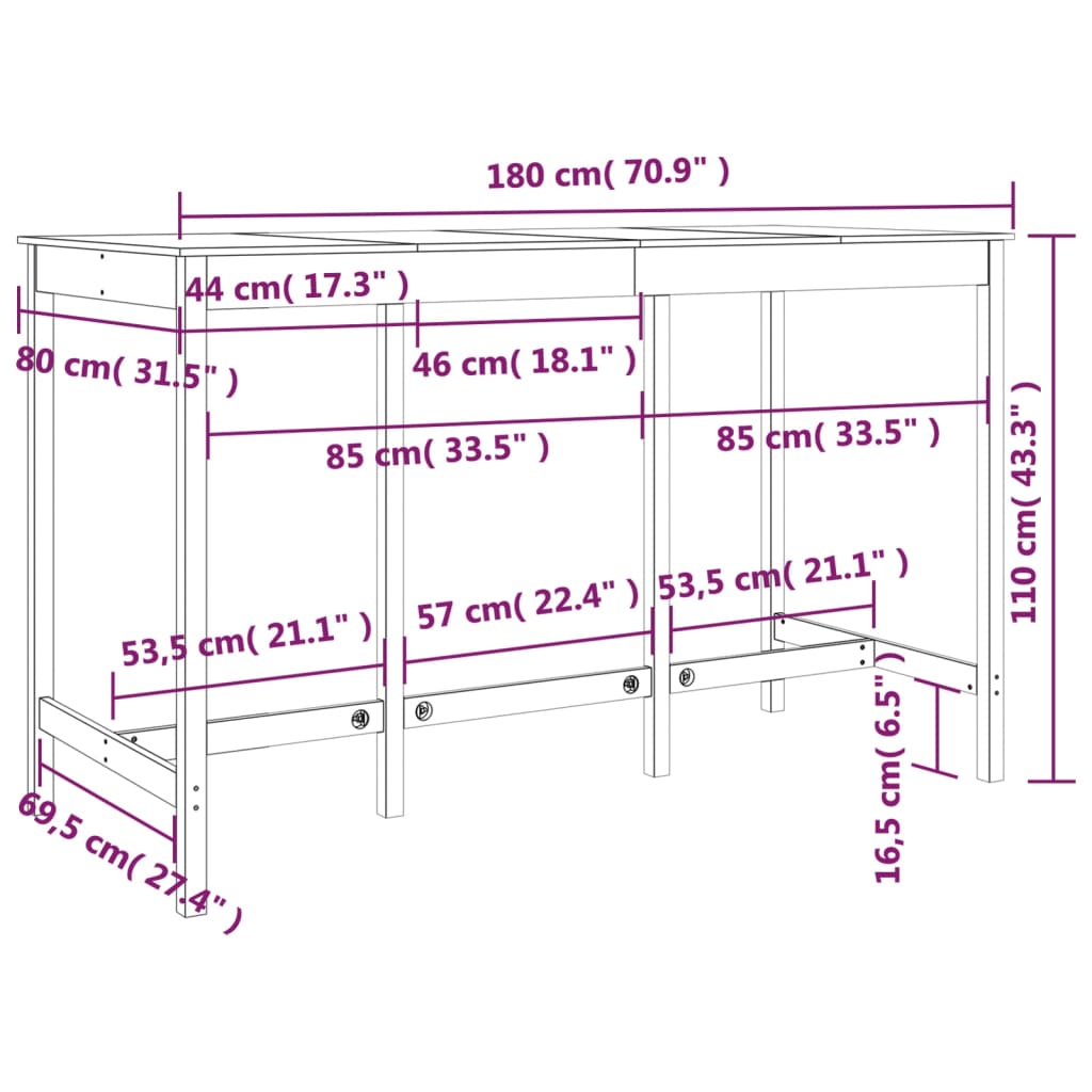 Table de bar Noir 180x80x110 cm Bois massif de pin