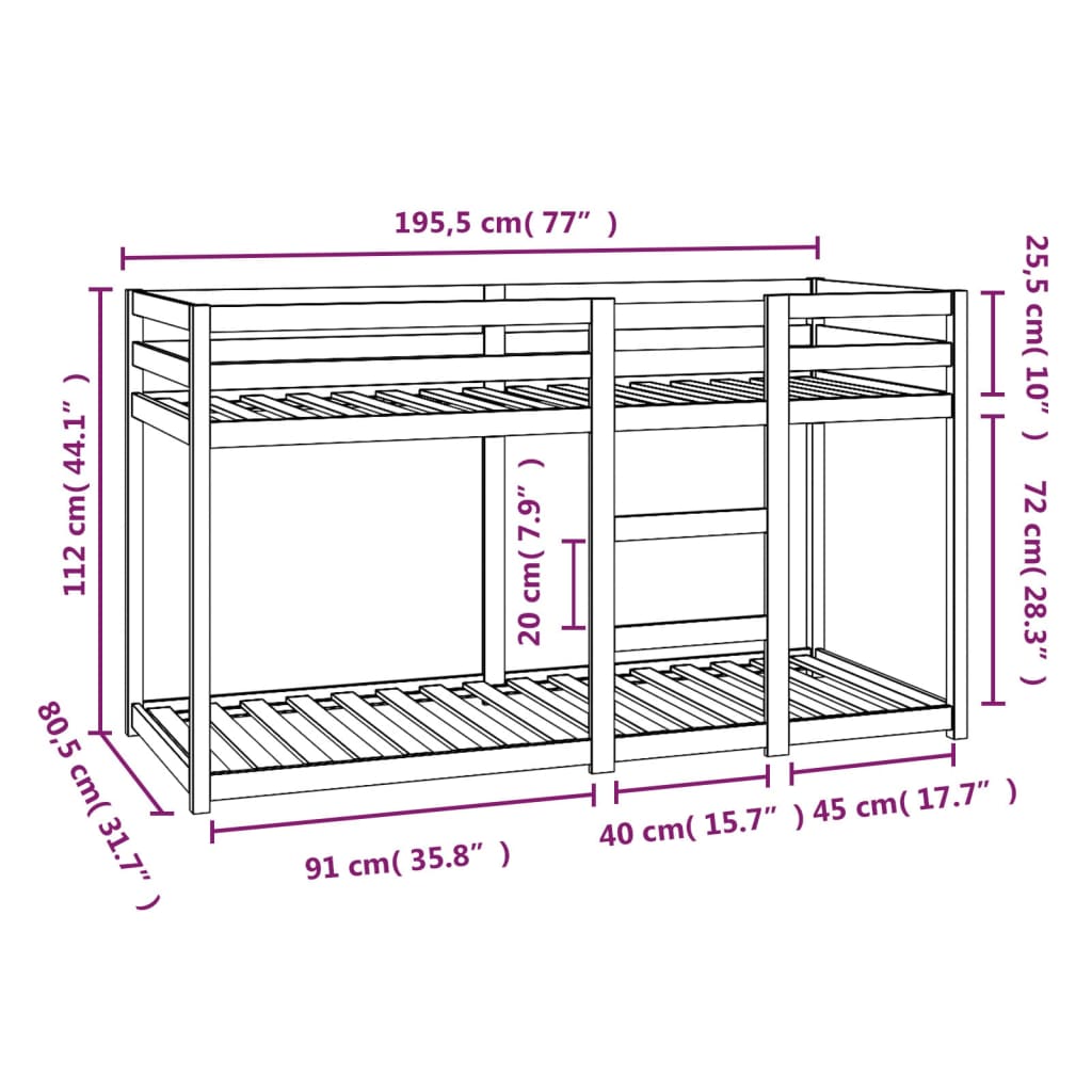 Lit superposé sans matelas blanc 75x190 cm bois de pin massif