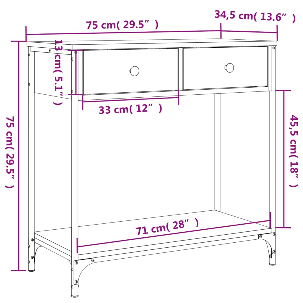 Table console chêne fumé 75x34,5x75 cm bois d'ingénierie