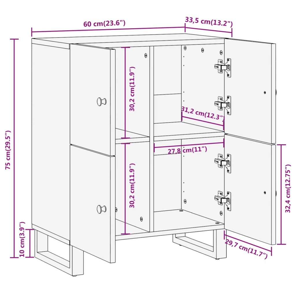 Armoire latérale marron et noir 60x33,5x75 cm bois de manguier