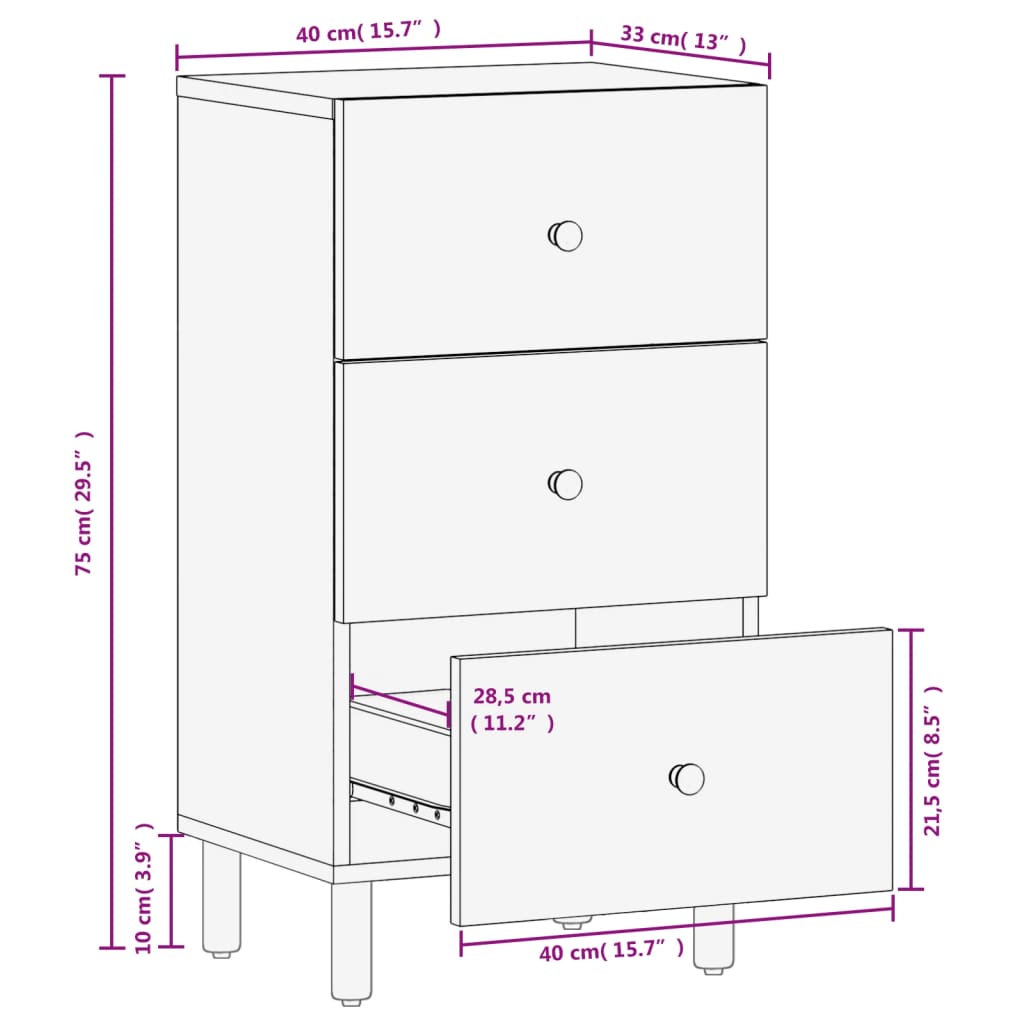 Armoire latérale noir 40x33x75 cm bois massif de manguier