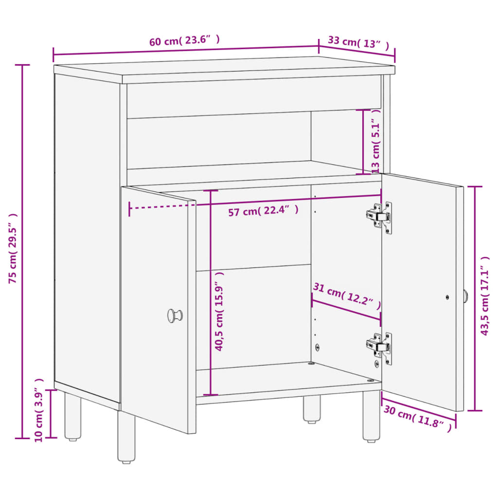 Armoire latérale noir 60x33x75 cm bois massif de manguier