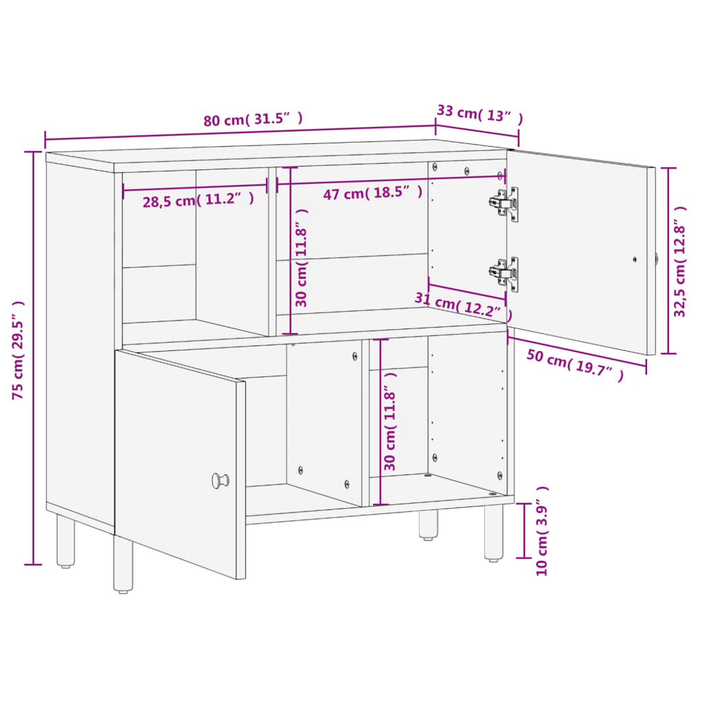 Armoire latérale noir 80x33x75 cm bois massif de manguier