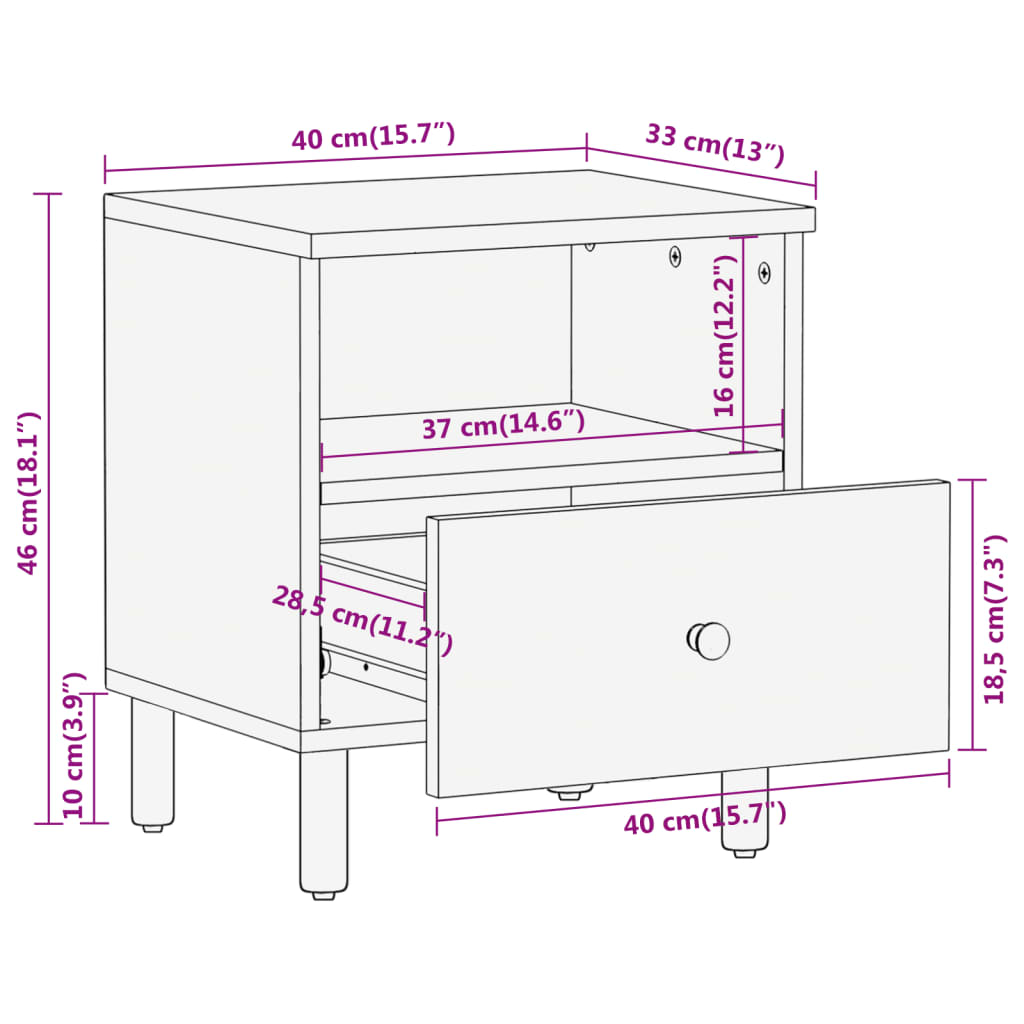 Table de chevet 40x33x46 cm Bois de manguier solide