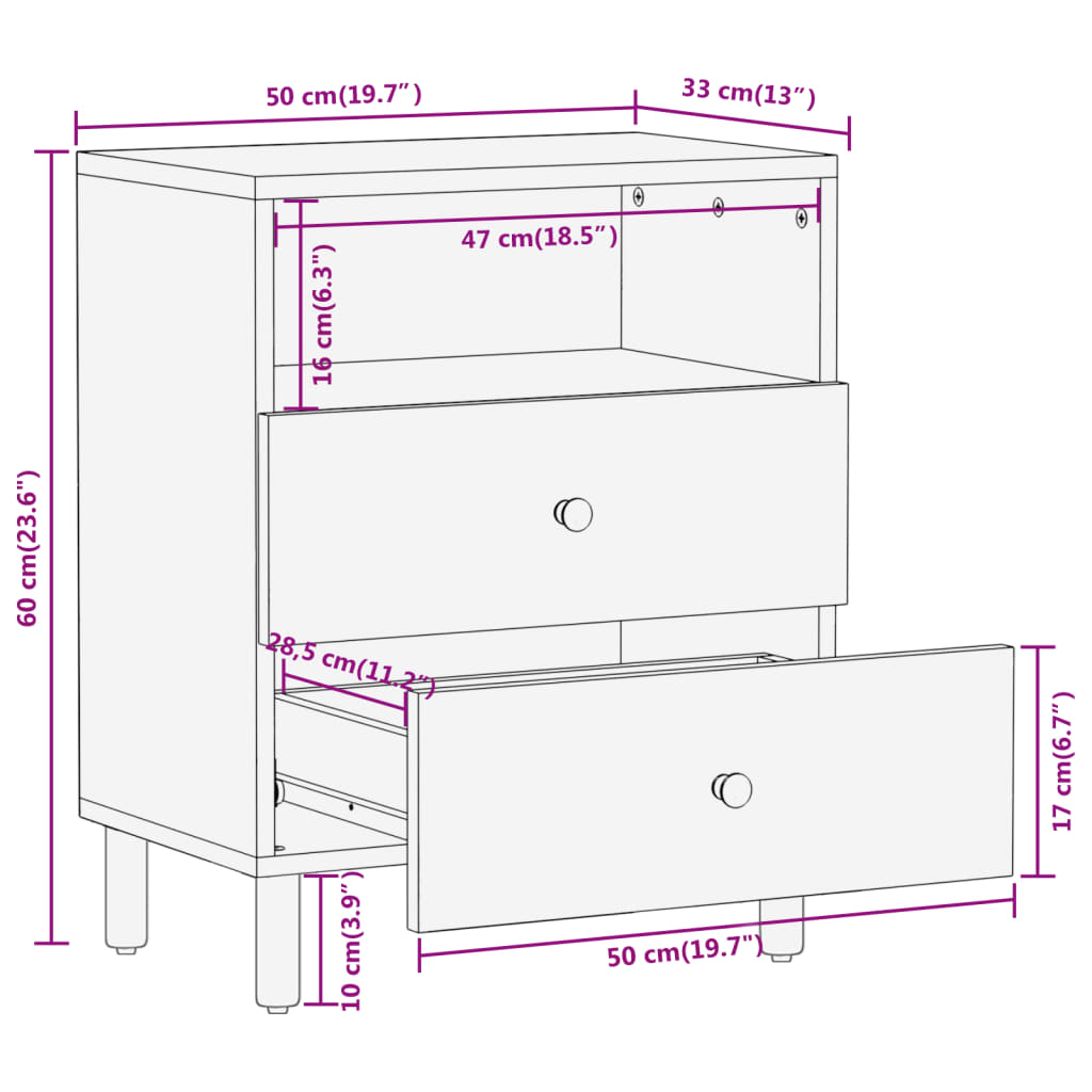 Table de chevet 50x33x60 cm bois de manguier massif