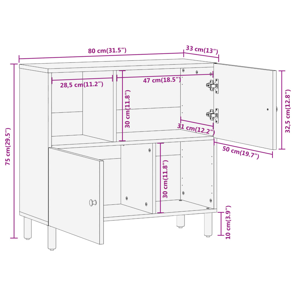 Armoire latérale 80x33x75 cm bois massif de manguier