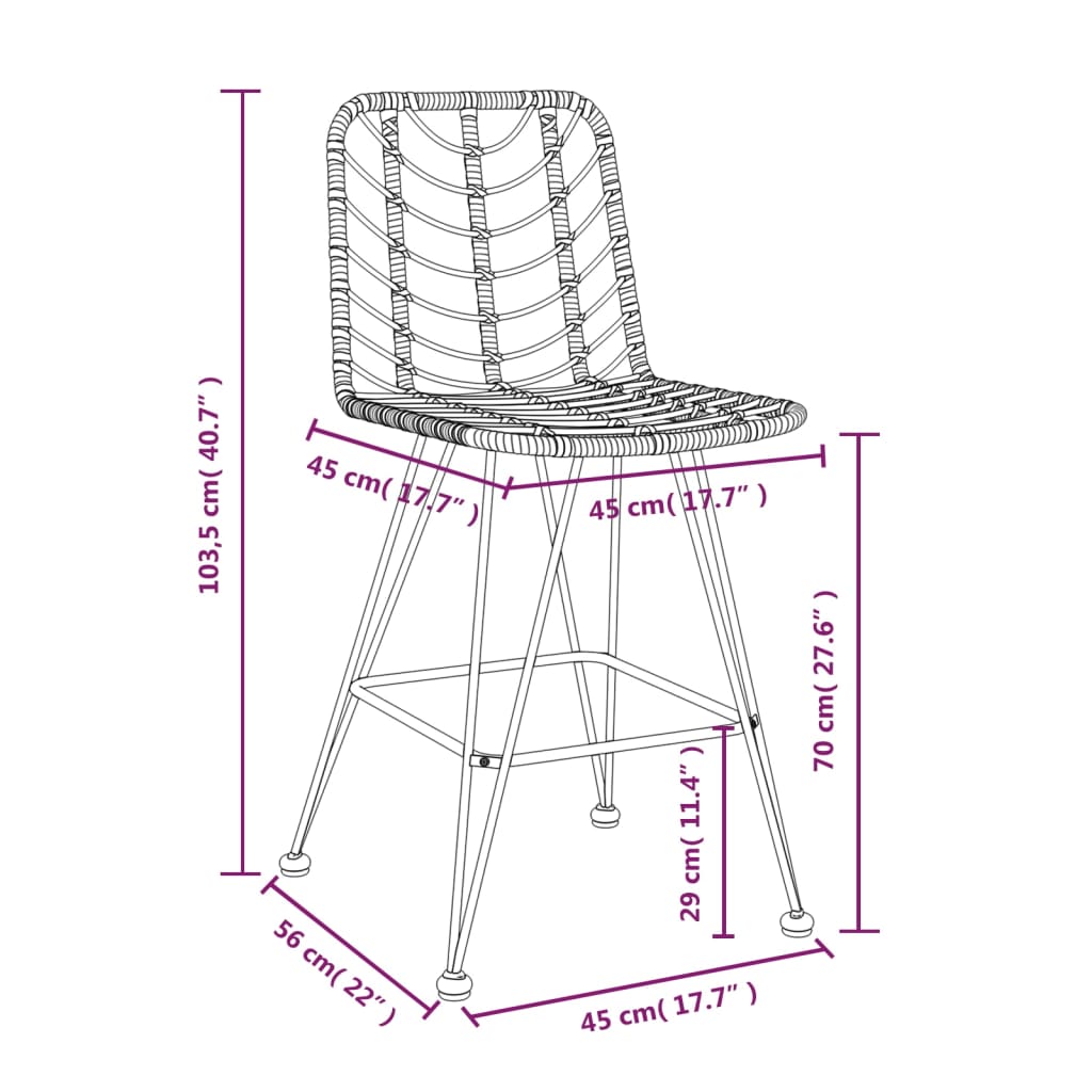 Tabourets de bar lot de 2 45x56x103,5cm Résine tressée et acier