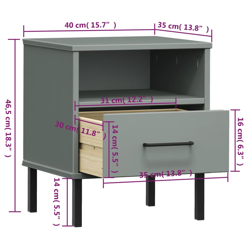 Table de chevet avec pieds en métal Gris Bois pin massif OSLO