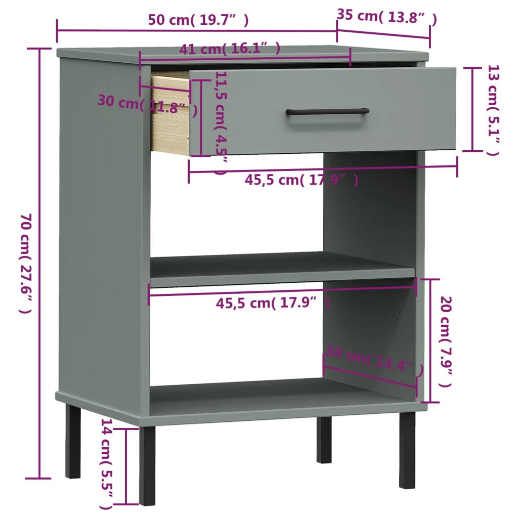 Armoire console avec pieds en métal Gris Bois pin massif OSLO