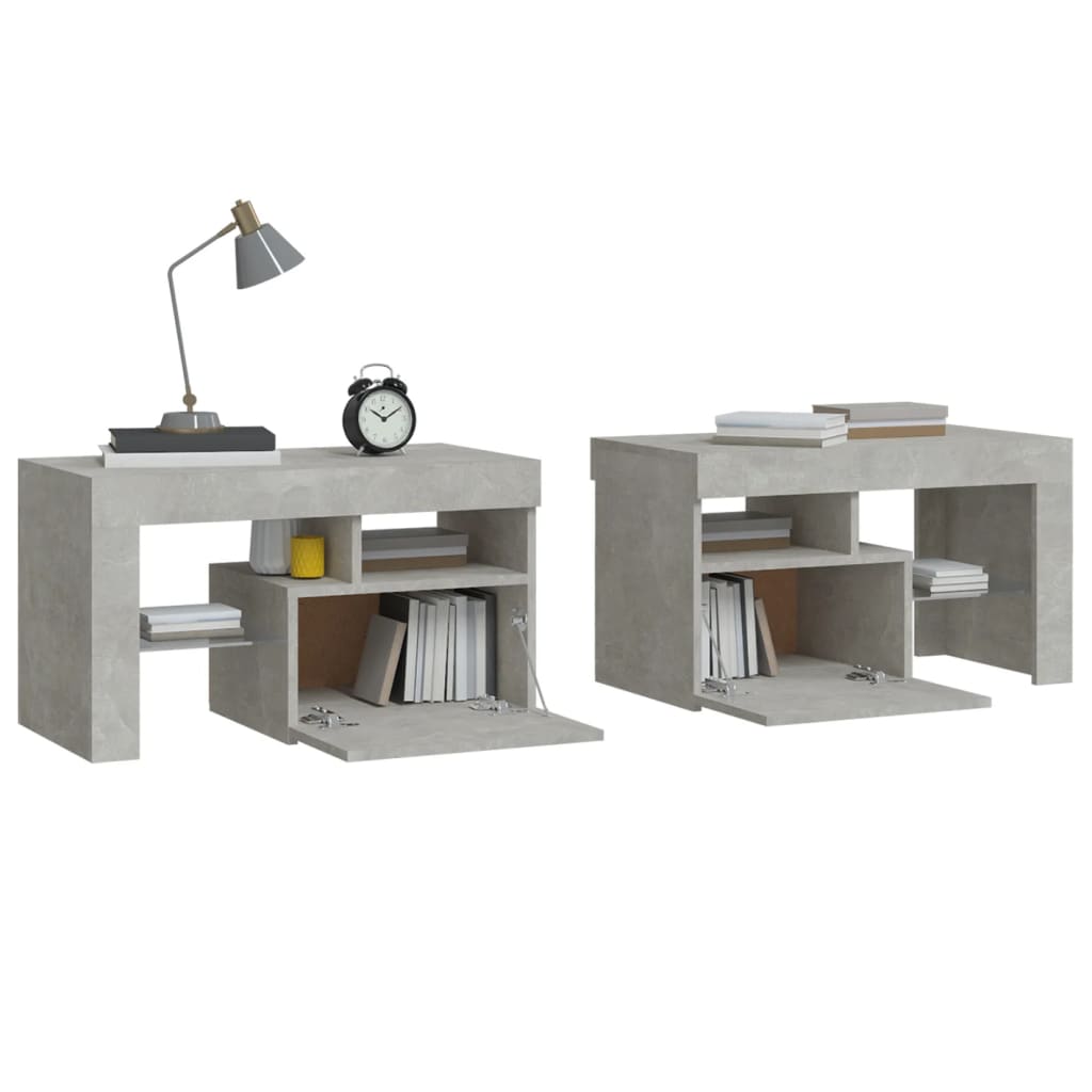 Tables de chevet 2 pcs et lumières LED Gris béton 70x36,5x40 cm