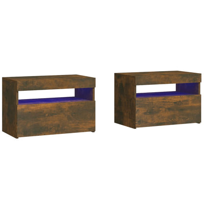 Tables de chevet 2 pcs et lumières LED Chêne fumé 60x35x40 cm