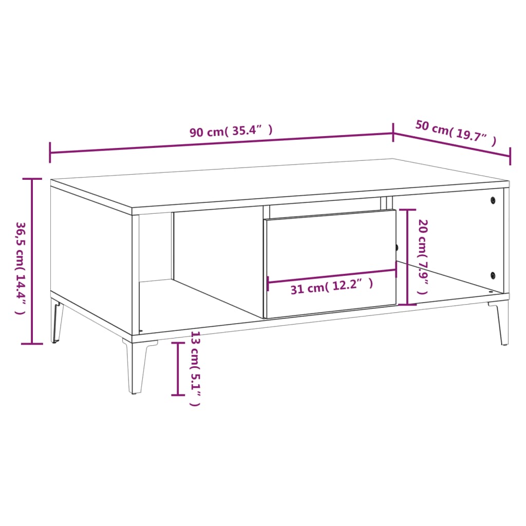 Table basse Chêne fumé 90x50x36,5 cm Bois d'ingénierie