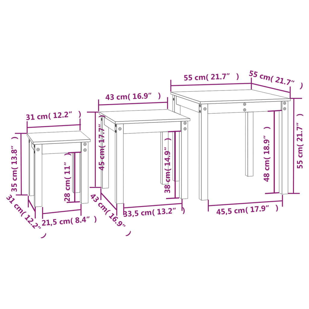 Tables gigognes 3 pcs Blanc Bois de pin massif