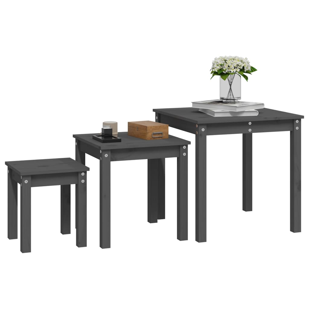 Tables gigognes 3 pcs Gris Bois de pin massif