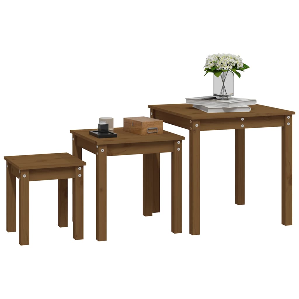 Tables gigognes 3 pcs Marron miel Bois de pin massif