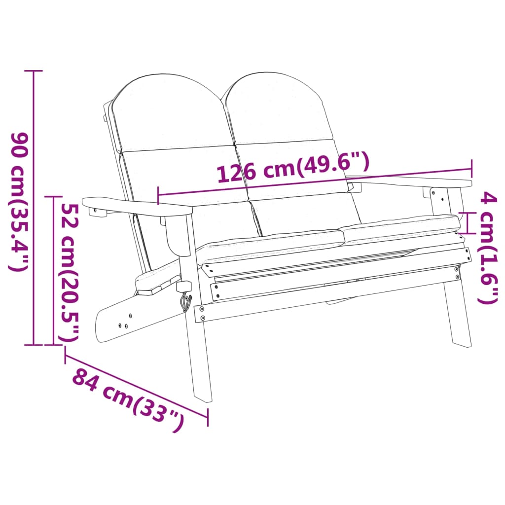 Banc de jardin Adirondack et coussins 126 cm bois massif acacia