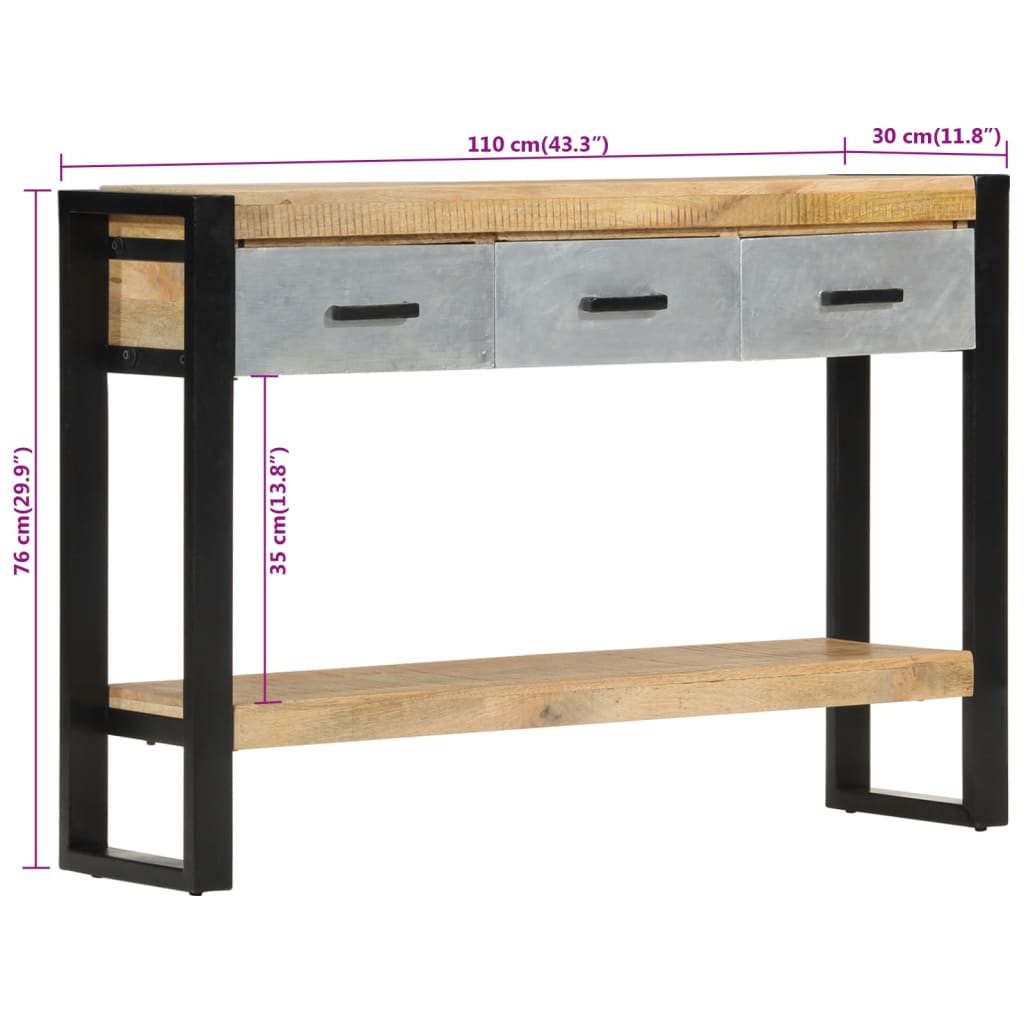 Table console 110x30x76 cm bois de manguier massif brut