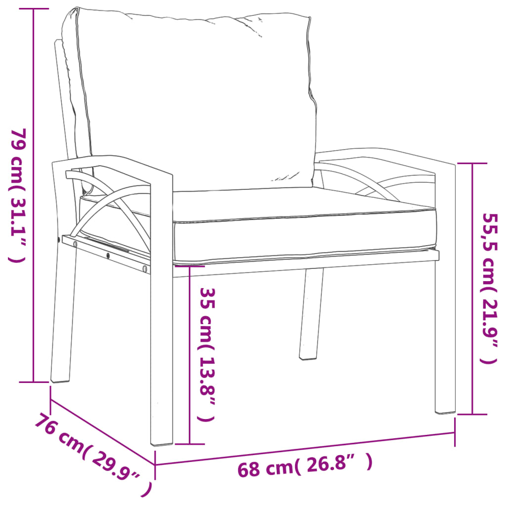 Chaises de jardin avec coussins gris lot de 2 68x76x79 cm acier