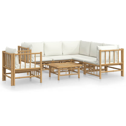 Salon de jardin 7 pcs avec coussins blanc crème bambou