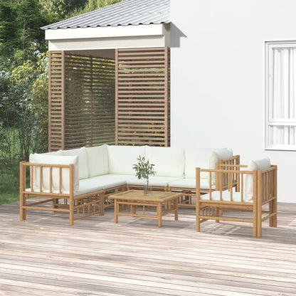 Salon de jardin 7 pcs avec coussins blanc crème bambou