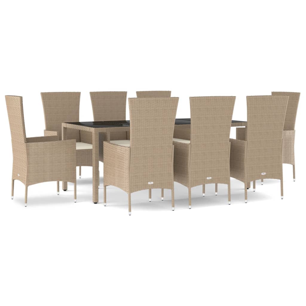 Ensemble à manger de jardin et coussins 9 pcs beige Poly rotin