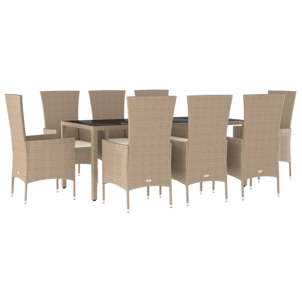 Ensemble à manger de jardin et coussins 9 pcs beige Poly rotin