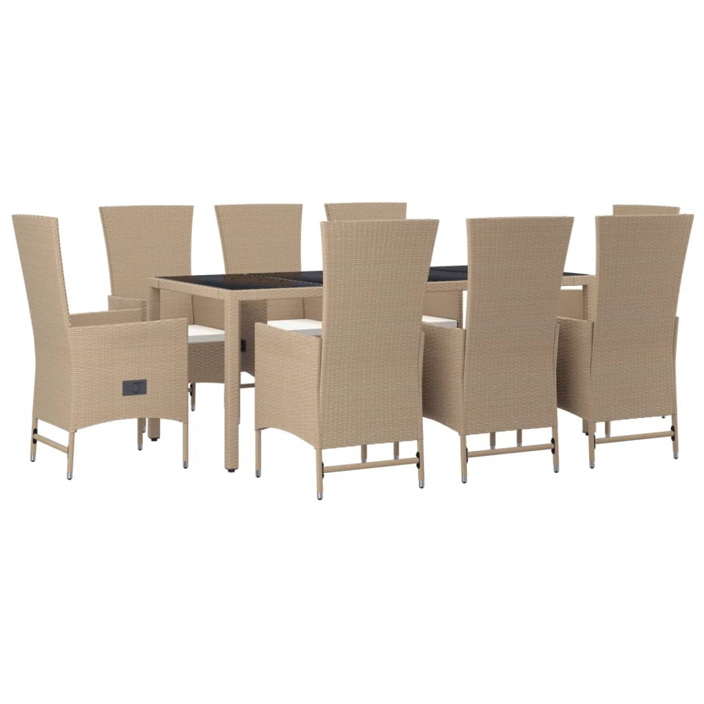 Ensemble à manger de jardin et coussins 9 pcs beige Poly rotin