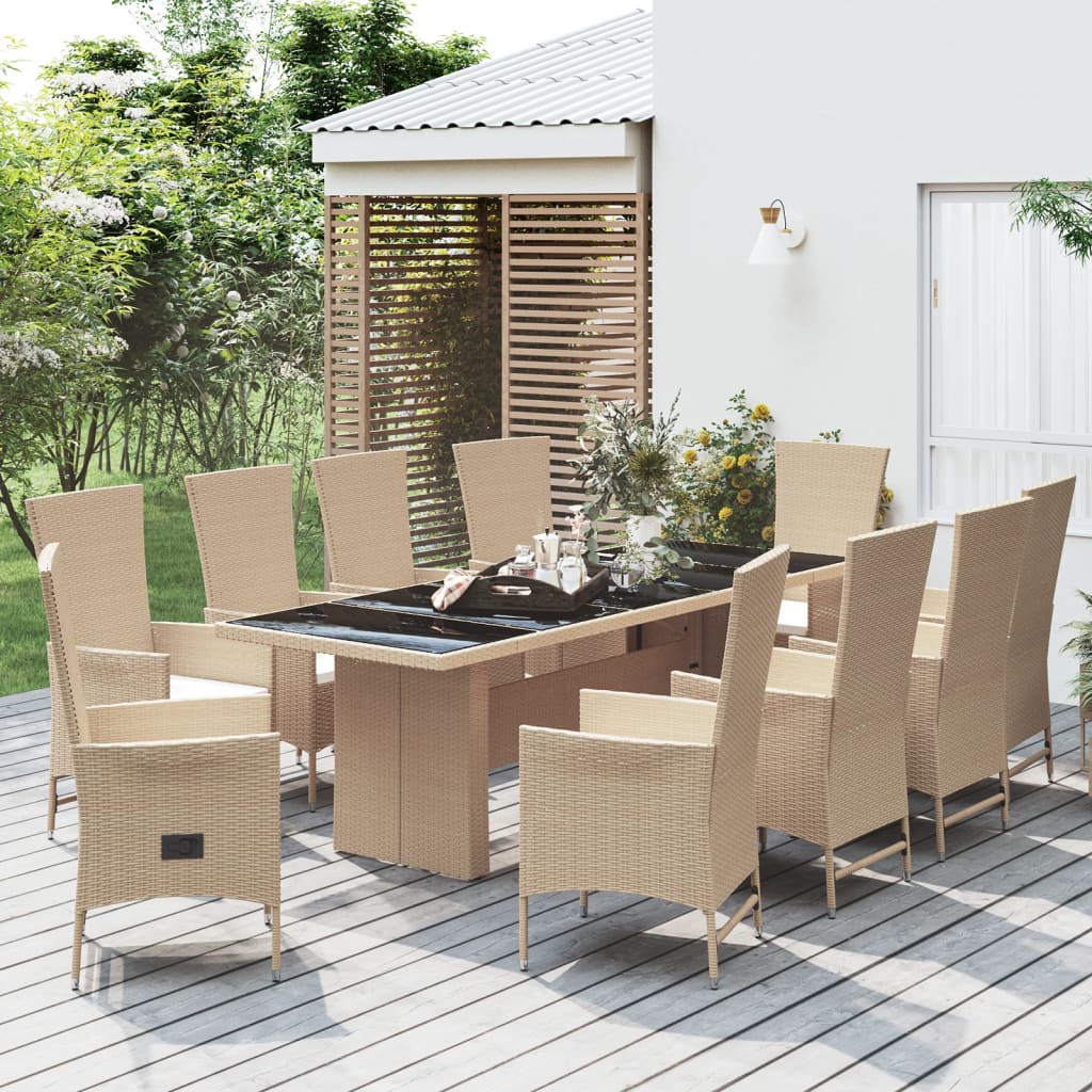 Ensemble à manger de jardin et coussins 11 pcs beige poly rotin