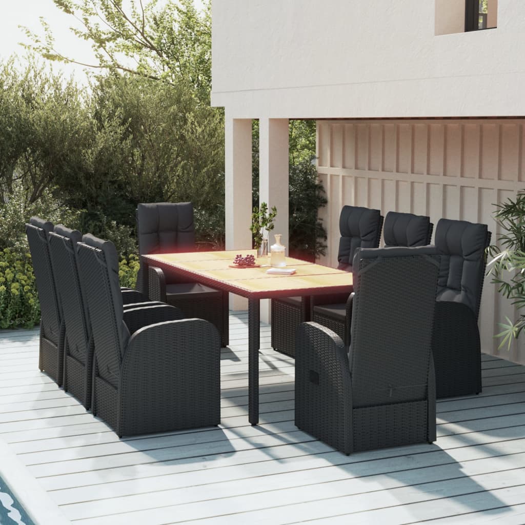 Ensemble à manger de jardin 9pcs coussins noir résine tressée