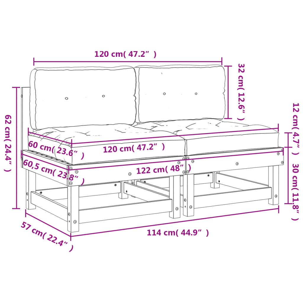 Canapés centraux avec coussins 2 pcs bois de pin imprégné