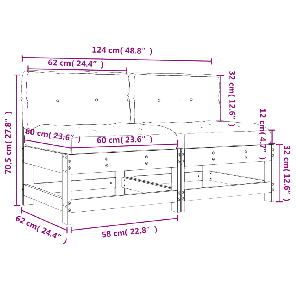 Canapés centraux avec coussins 2 pcs bois de pin imprégné