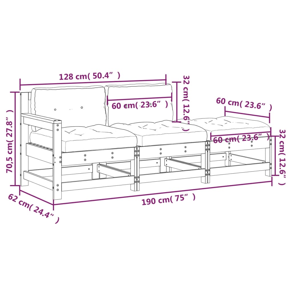 Salon de jardin 3 pcs avec coussins blanc bois massif