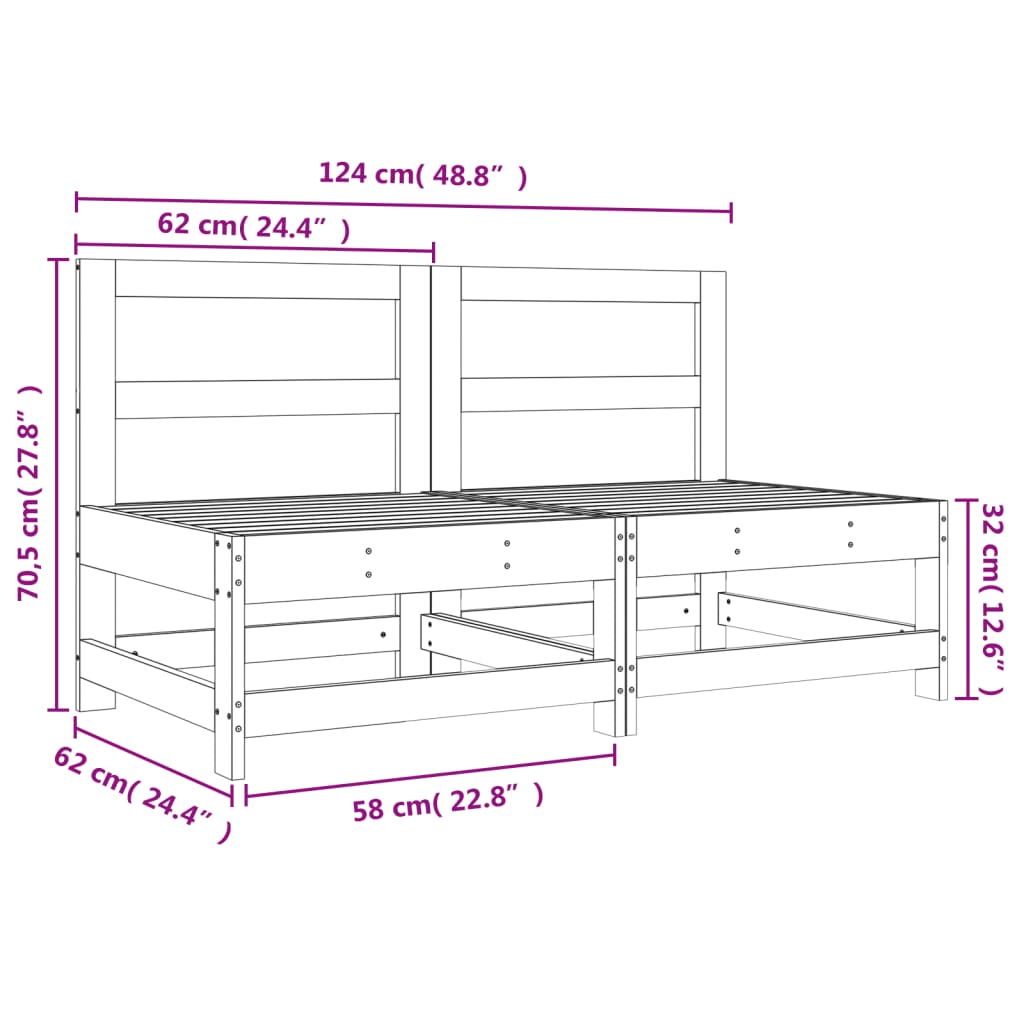 Canapés centraux de jardin 2 pcs bois de pin massif