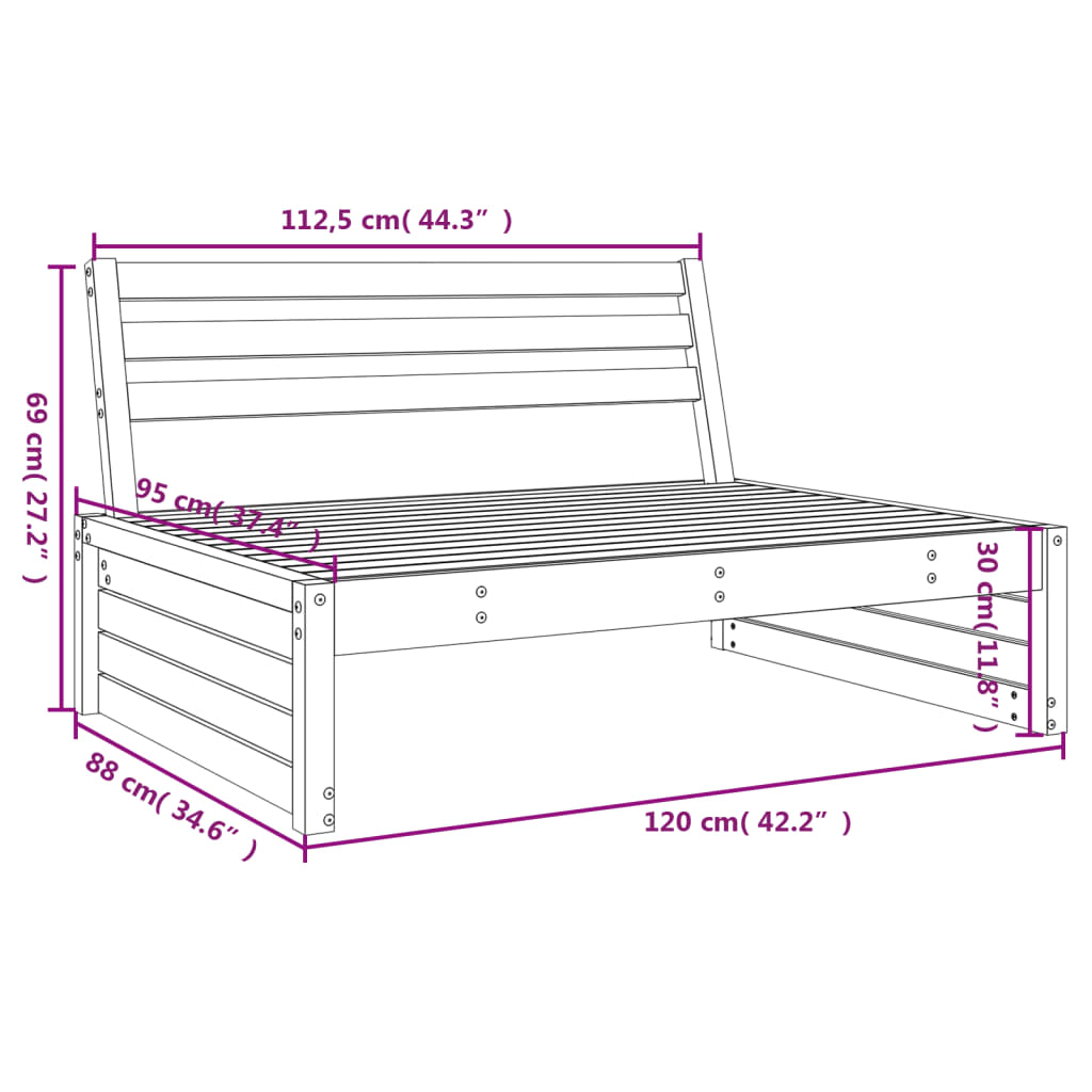 Canapé central de jardin gris 120x80 cm bois de pin massif