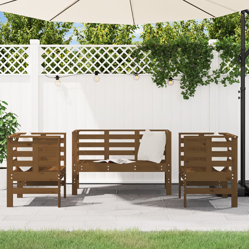 Salon de jardin 3 pcs marron miel bois de pin massif