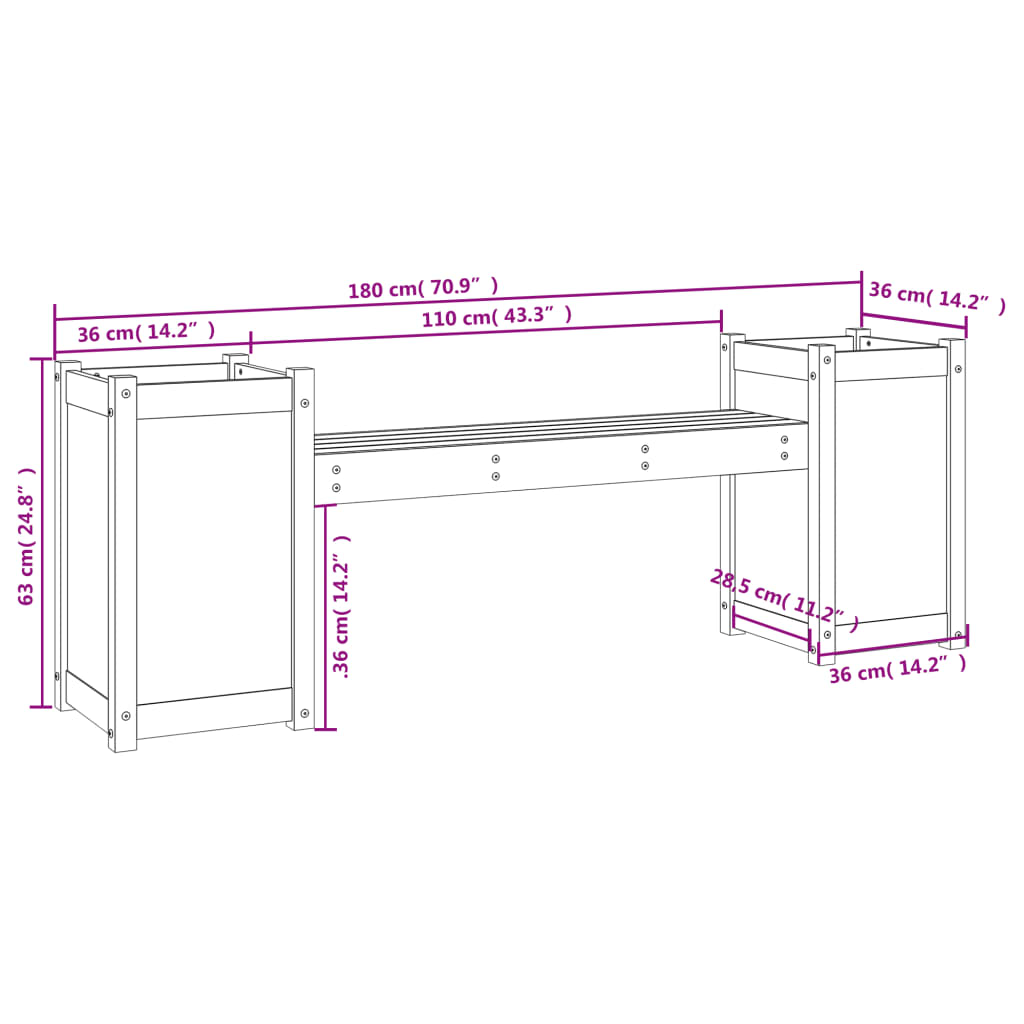 Banc avec jardinières noir 180x36x63 cm bois massif de pin