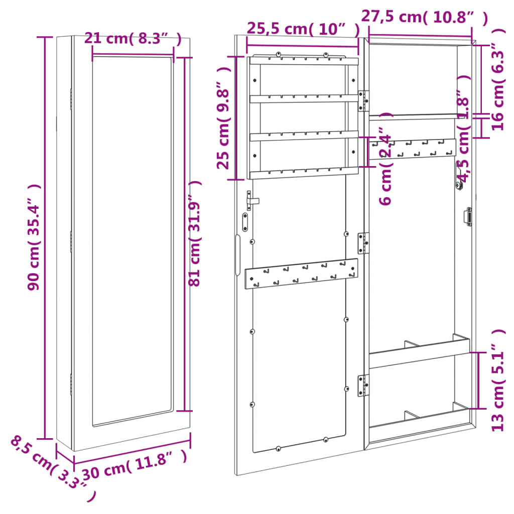 Armoire à bijoux avec miroir murale blanc 30x8,5x90 cm