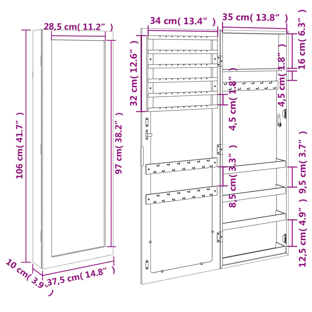 Armoire à bijoux avec miroir murale blanc 37,5x10x106 cm