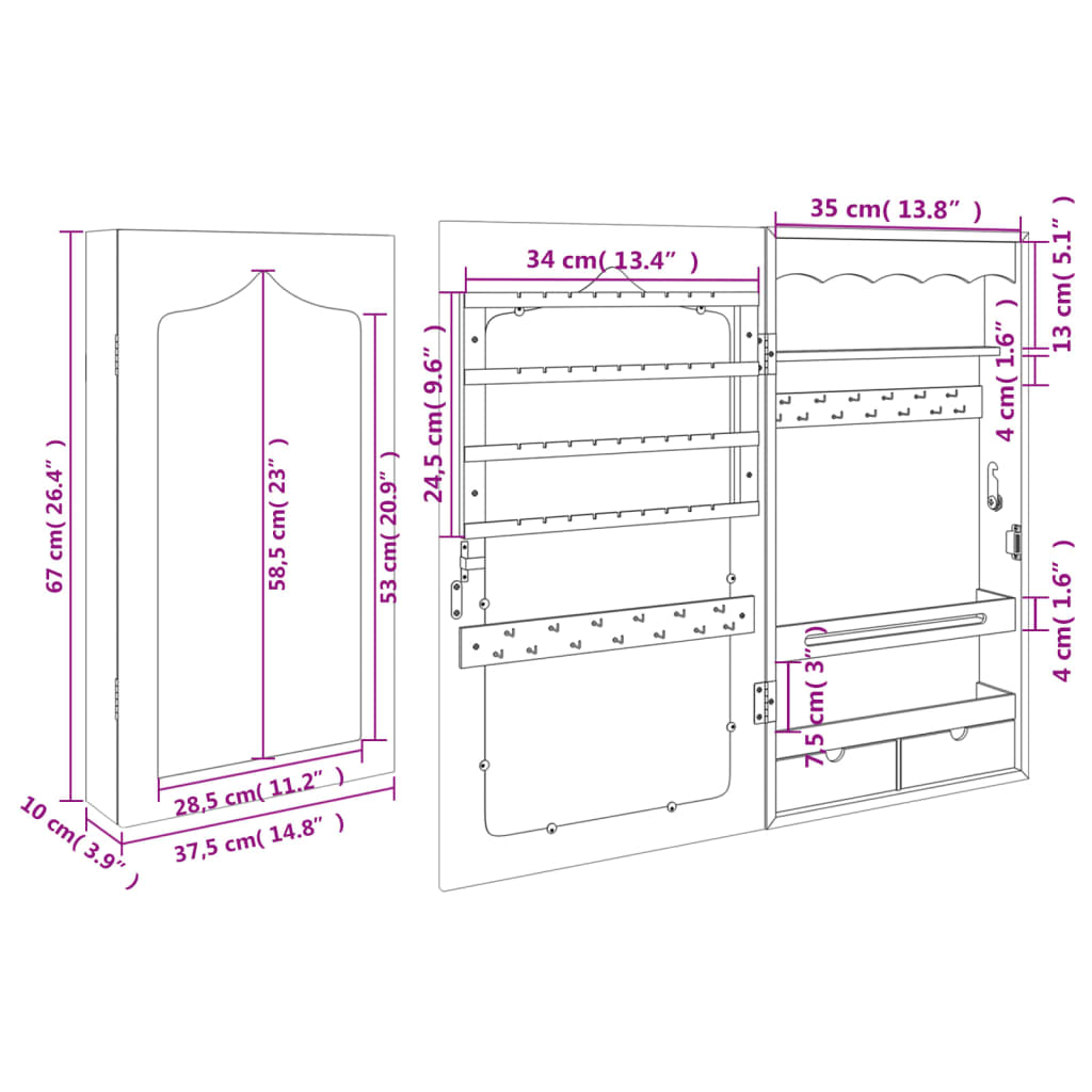 Armoire à bijoux avec miroir murale blanc 37,5x10x67 cm