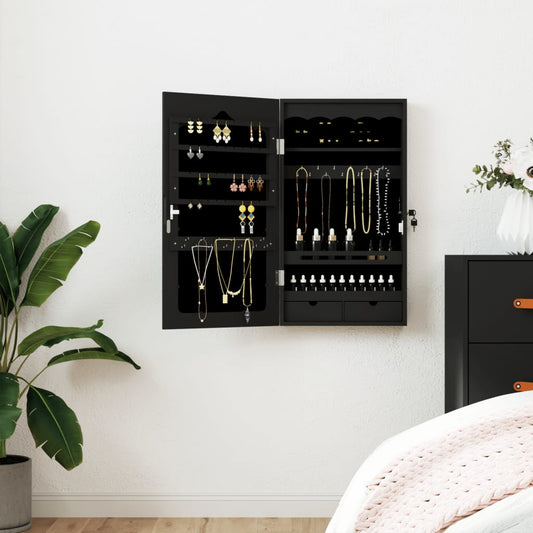 Armoire à bijoux avec miroir murale noir 37,5x10x67 cm