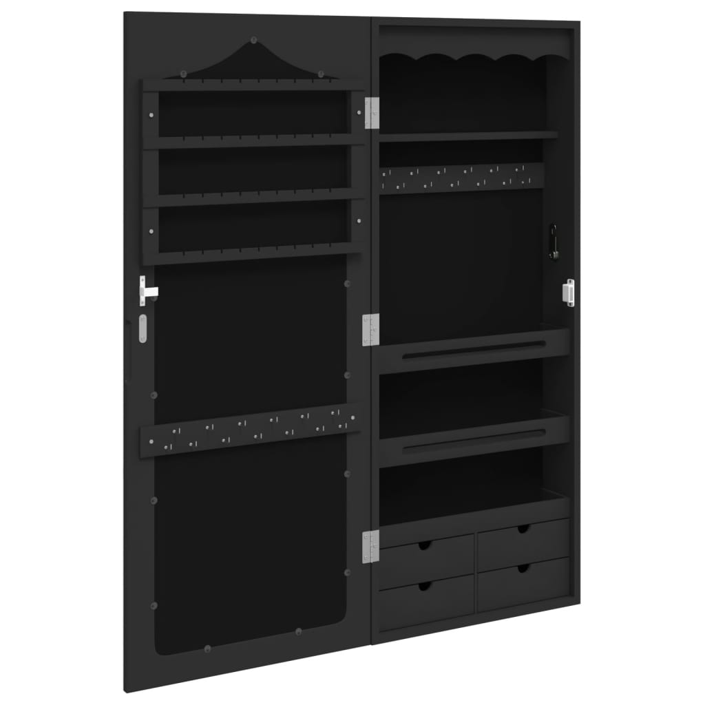 Armoire à bijoux avec miroir murale noir 37,5x10x90 cm