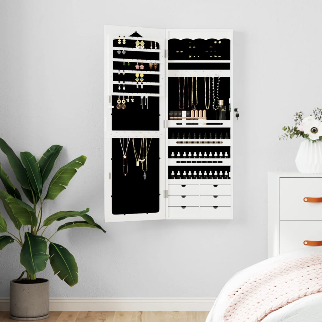 Armoire à bijoux avec miroir murale blanc 37,5x10x106 cm