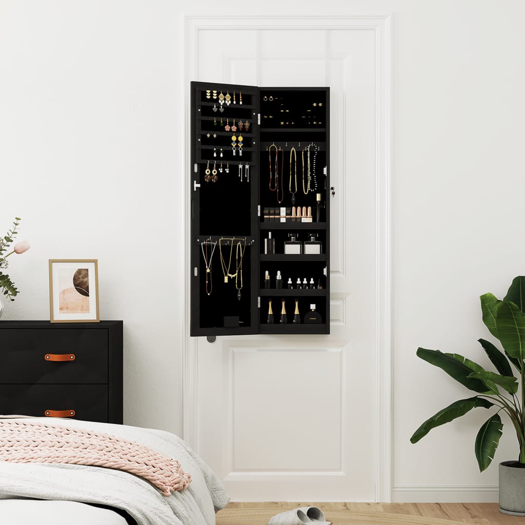 Armoire à bijoux avec miroir et éclairage LED mural noir